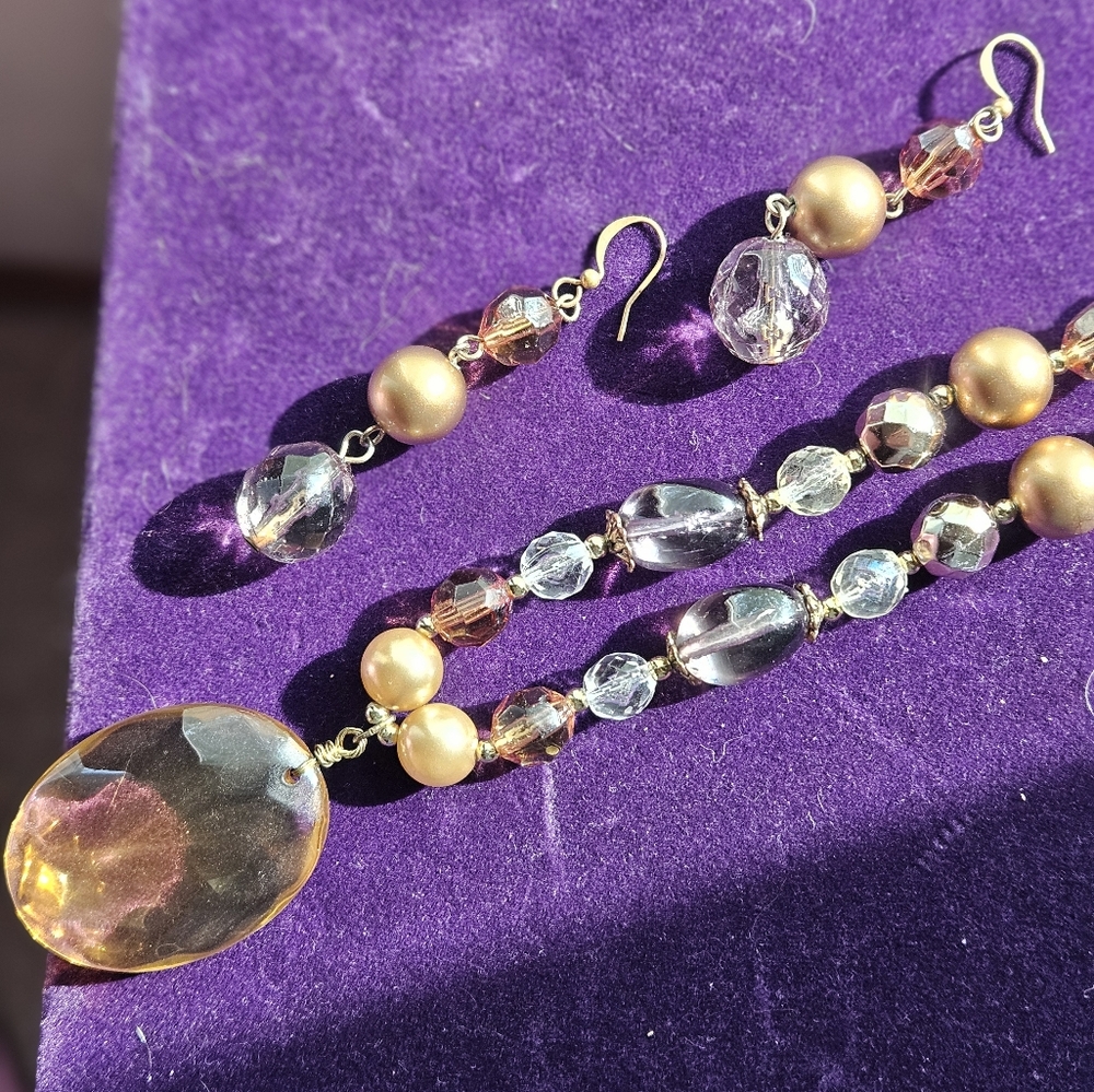 Gold-tone, Amber & Clear Crystal Bead Necklace and earring set.